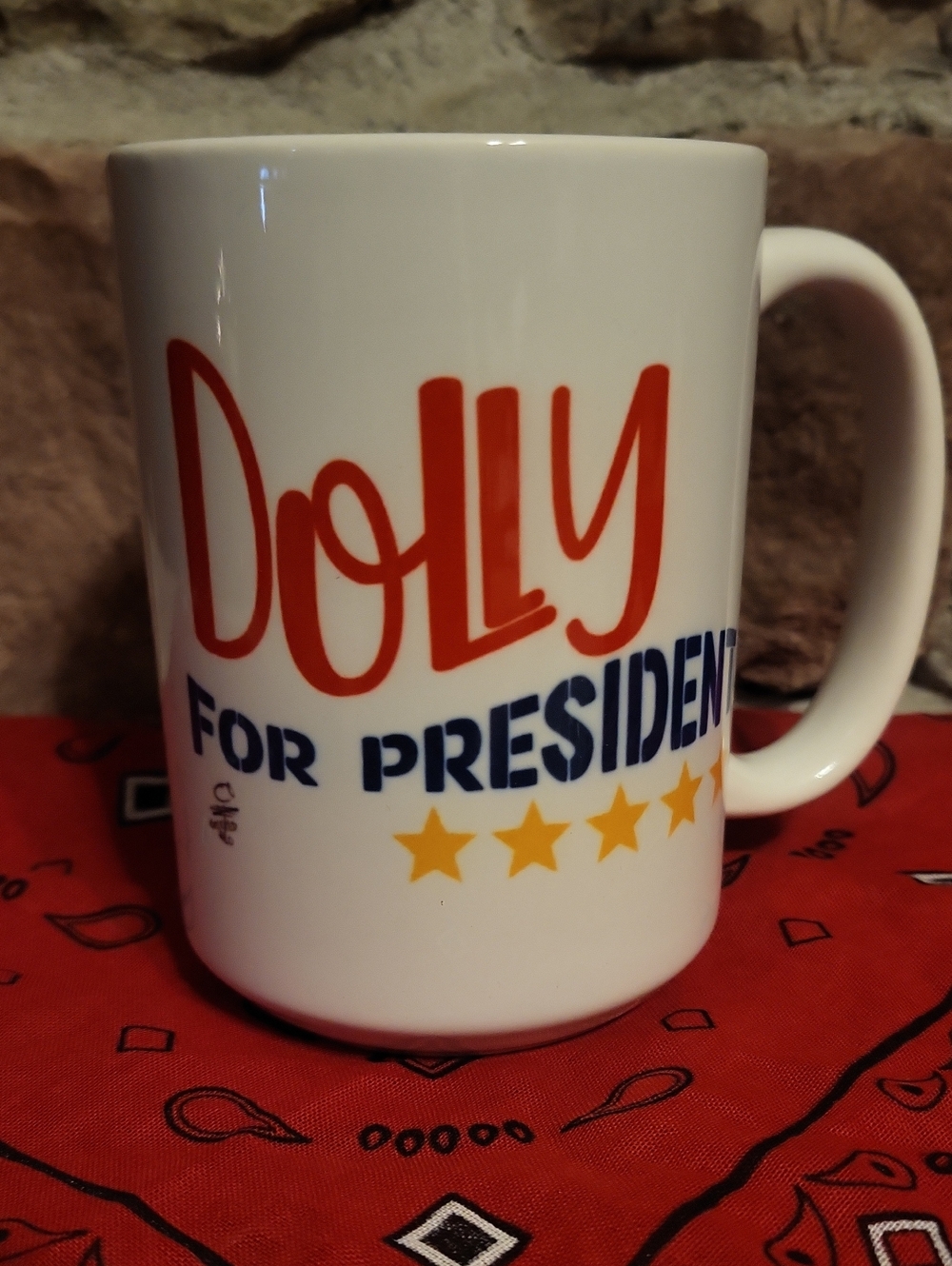 Dolly For President White Ceramic Mug with Red, Blue & Yellow Accents